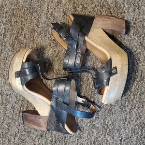 ALL SAINTS ROSALINA black leather wood platform heels sandals strappy 9